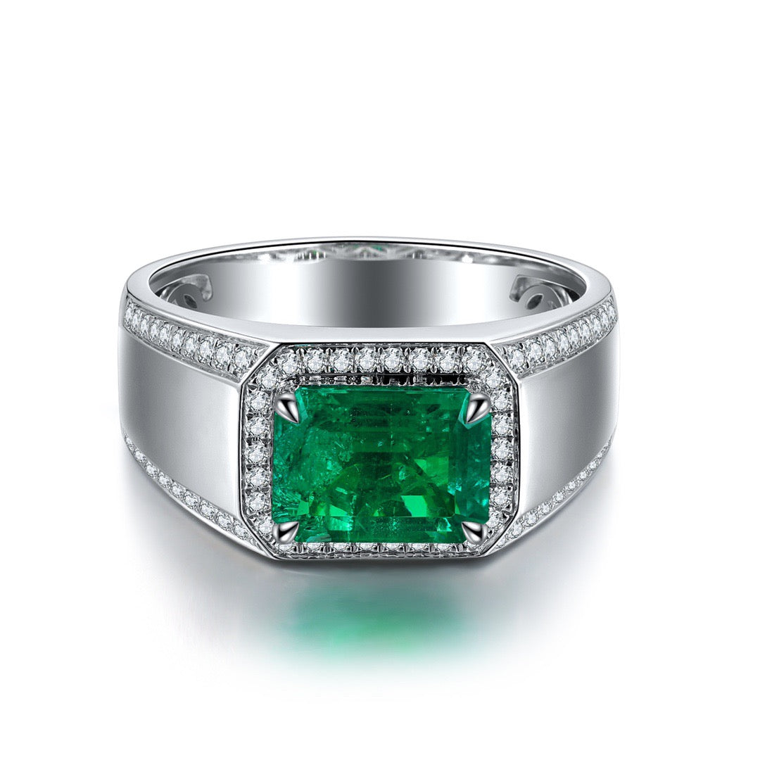 men’s emerald signet ring – sterling silver baguette gemstone statement ring – bold fashion jewelry gift for him