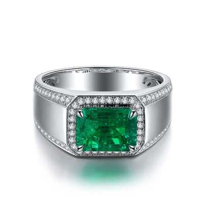 Men’s Emerald Signet Ring – Sterling Silver Baguette Gemstone Statement Ring – Bold Fashion Jewelry Gift for Him