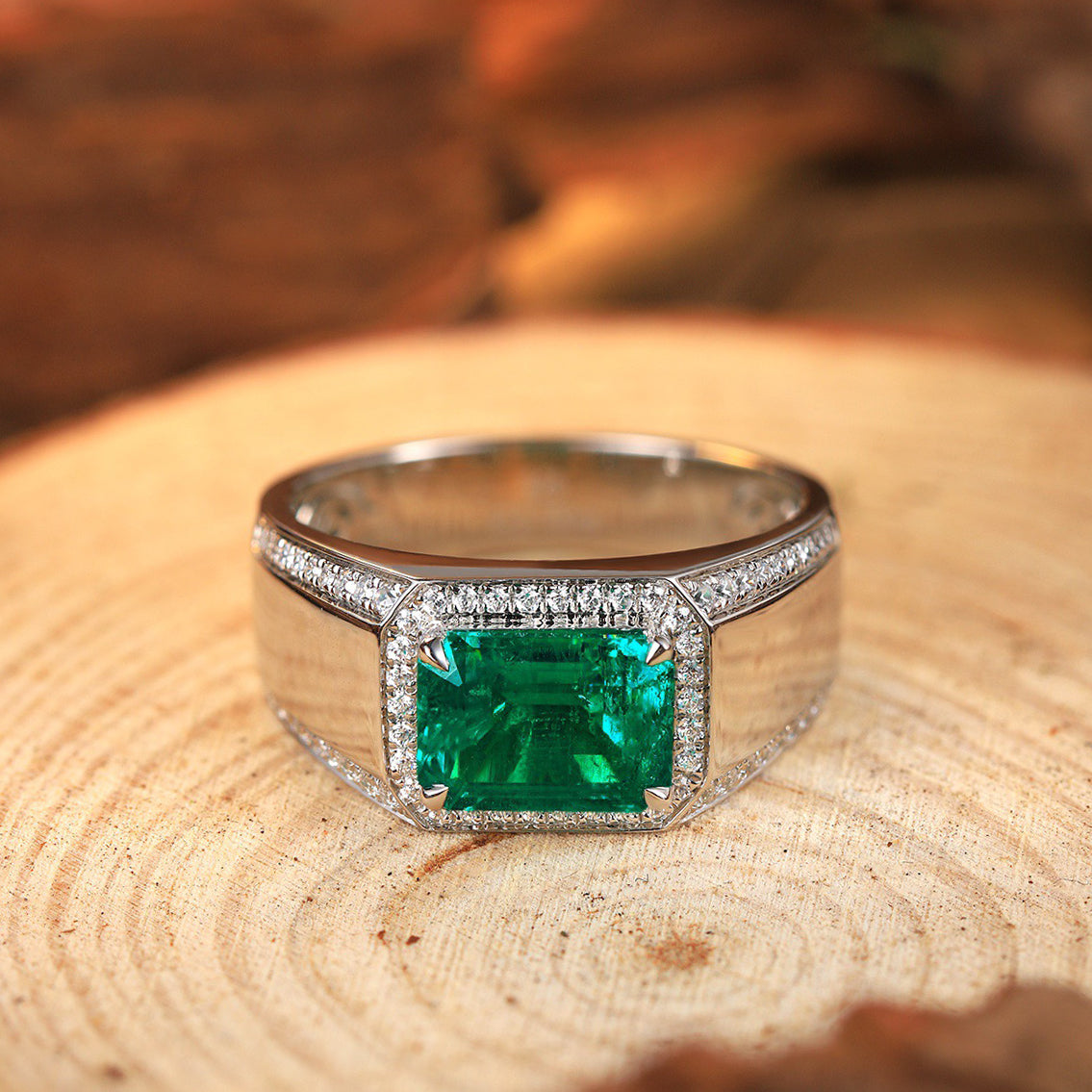 men’s emerald signet ring – sterling silver baguette gemstone statement ring – bold fashion jewelry gift for him