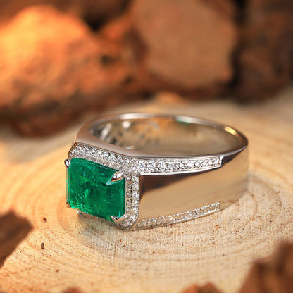 Men’s Emerald Signet Ring – Sterling Silver Baguette Gemstone Statement Ring – Bold Fashion Jewelry Gift for Him