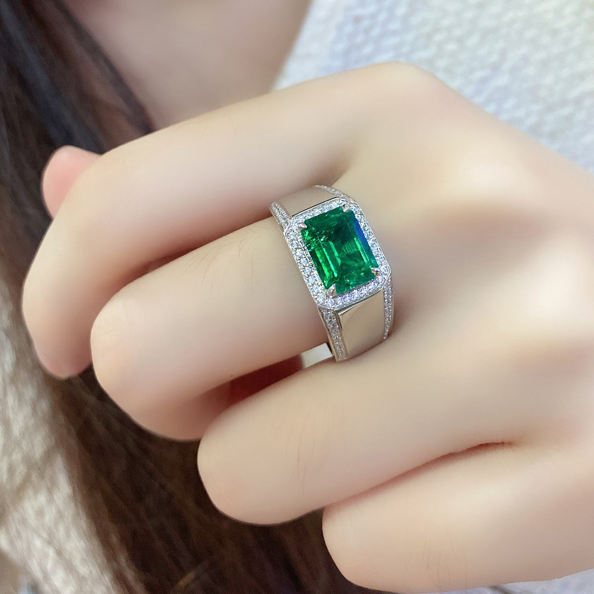 men’s emerald signet ring – sterling silver baguette gemstone statement ring – bold fashion jewelry gift for him