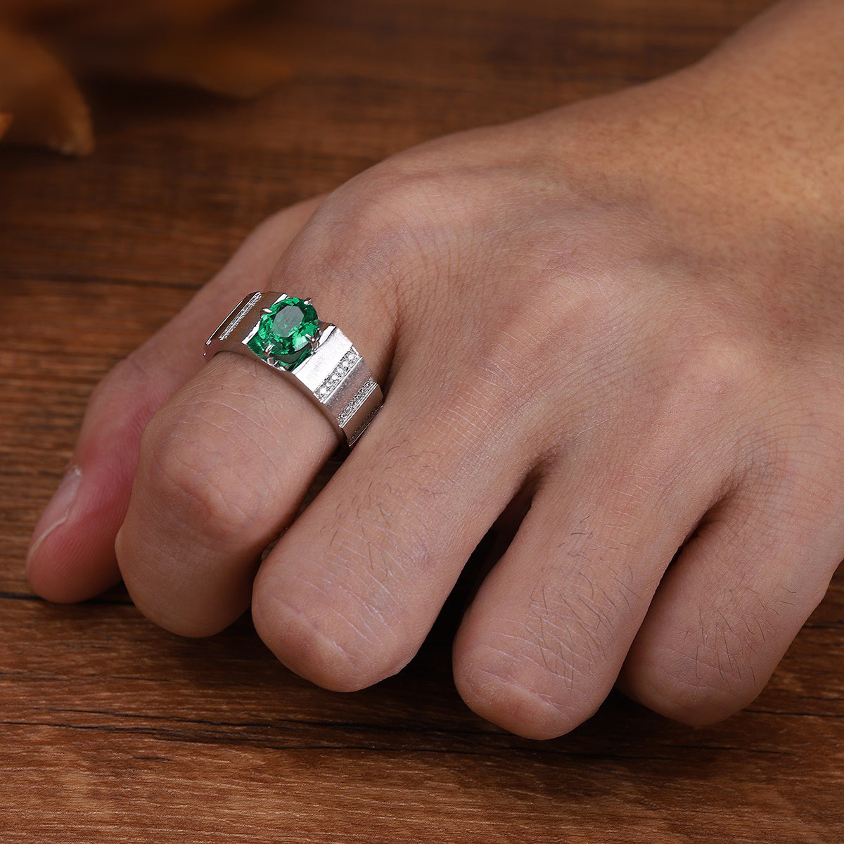s925 sterling silver men's lab sapphire/emerald & cz diamond ring