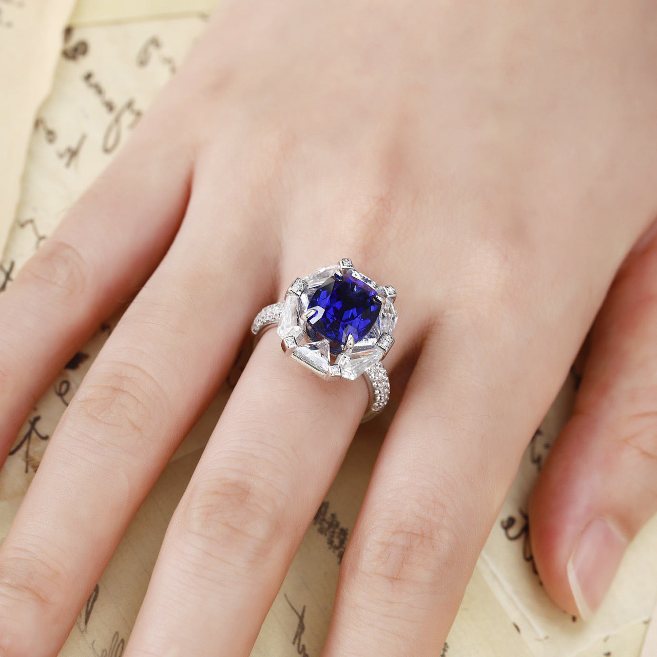 s925 sterling silver lab ruby/sapphire & cz diamond ring
