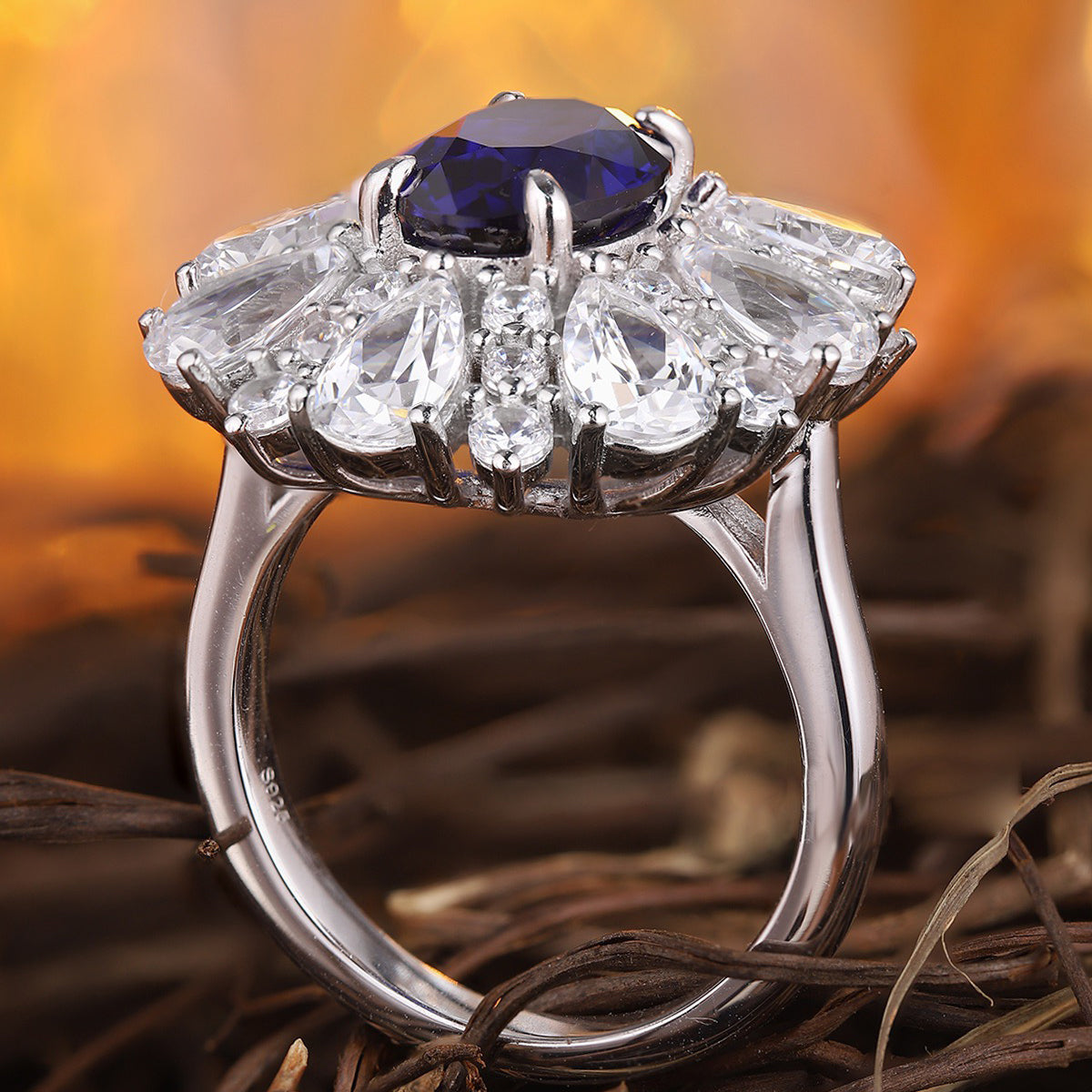 s925 sterling silver lab sapphire/paraiba/emerald/ruby & cz diamond ring