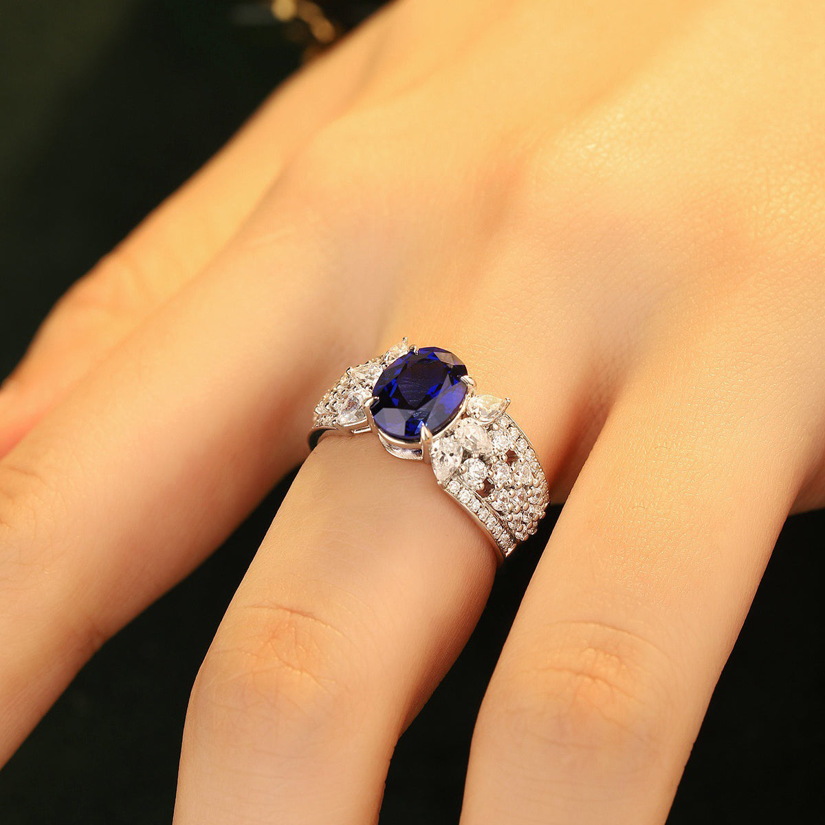 oval blue sapphire ring in s925 sterling silver, cz diamond accent ring, elegant engagement promise ring, anniversary gift for her
