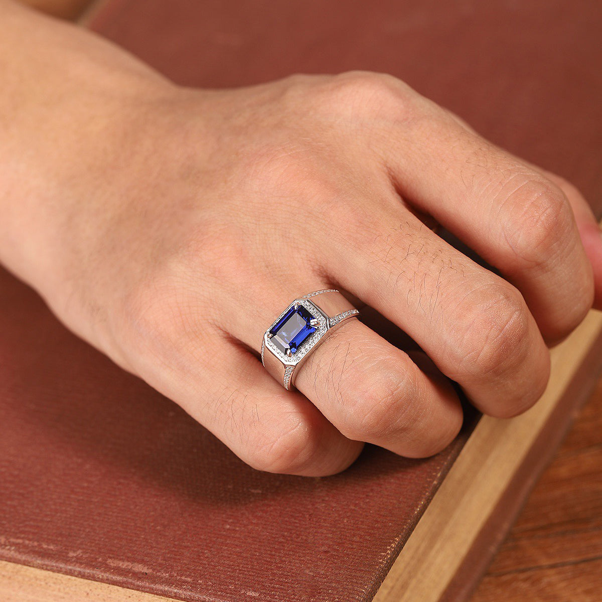 s925 sterling silver men's lab emerald/sapphire & cz diamond ring