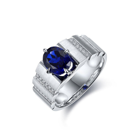 Blue Sapphire Men’s Ring, Handmade Sterling Silver Statement Band, S925 Wedding Ring for Him, Bold Gemstone Ring, Anniversary Gift
