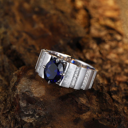Blue Sapphire Men’s Ring, Handmade Sterling Silver Statement Band, S925 Wedding Ring for Him, Bold Gemstone Ring, Anniversary Gift