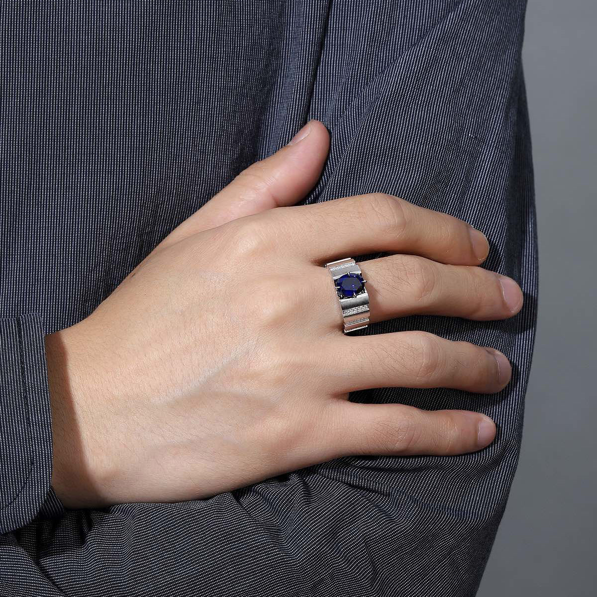 blue sapphire men’s ring, handmade sterling silver statement band, s925 wedding ring for him, bold gemstone ring, anniversary gift