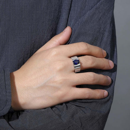 Blue Sapphire Men’s Ring, Handmade Sterling Silver Statement Band, S925 Wedding Ring for Him, Bold Gemstone Ring, Anniversary Gift