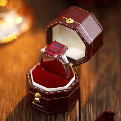 Emerald Cut Engagement Ring in S925 Sterling Silver, 8.77 CT Lab Ruby Engagement Ring, Emerald Art Deco Ruby Ring,Silver Promise Ring