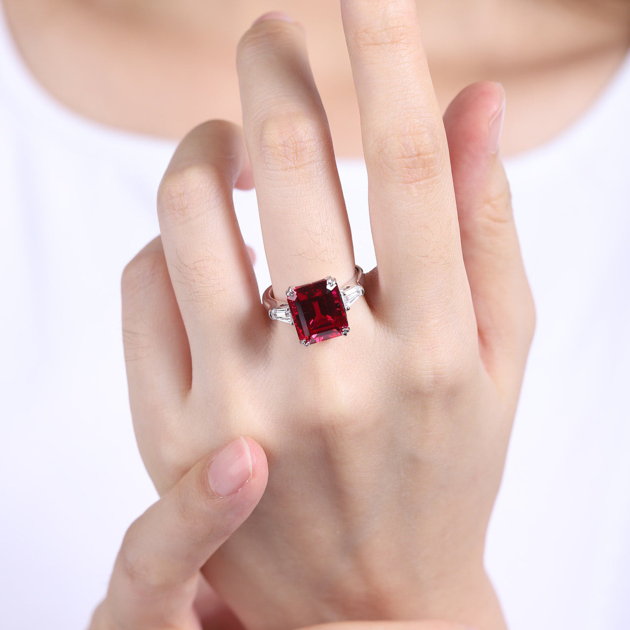 emerald cut engagement ring in s925 sterling silver, 8.77 ct lab ruby engagement ring, emerald art deco ruby ring,silver promise ring