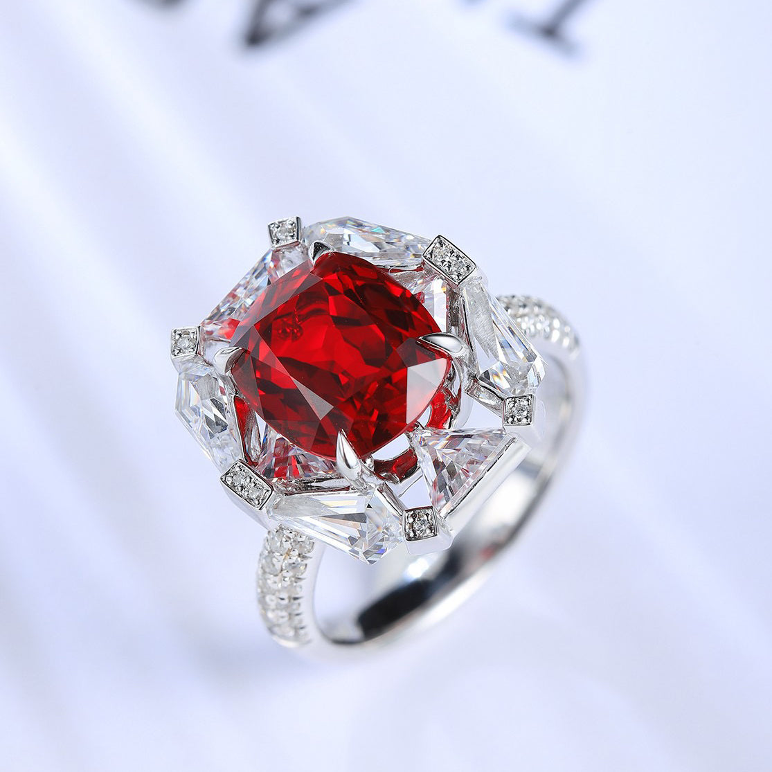 s925 sterling silver lab ruby/sapphire & cz diamond ring