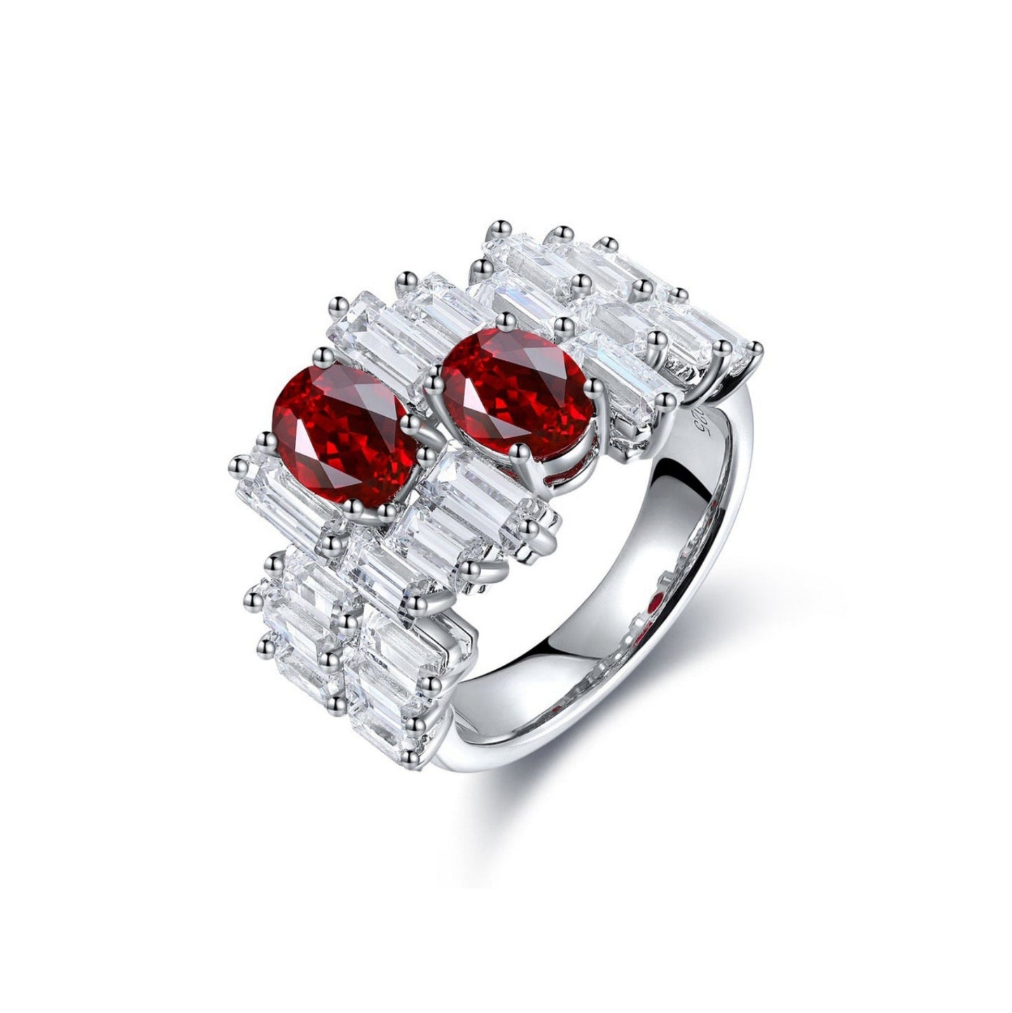 oval ruby ring with irregular baguette cz accent,sterling silver engagement ring,unique baguette band, red gemstone ring gift for her