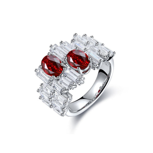 Oval Ruby Ring with Irregular Baguette CZ Accent,Sterling Silver Engagement Ring,Unique Baguette Band, Red Gemstone Ring Gift for Her