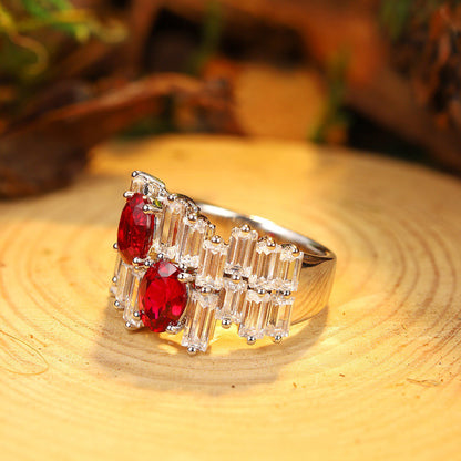 Oval Ruby Ring with Irregular Baguette CZ Accent,Sterling Silver Engagement Ring,Unique Baguette Band, Red Gemstone Ring Gift for Her