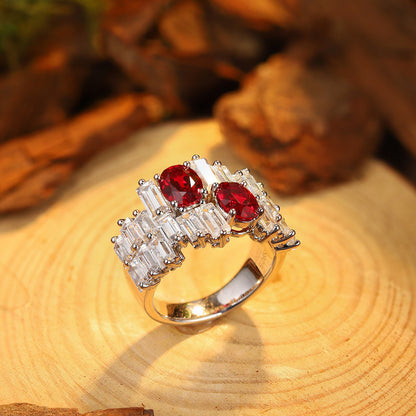 Oval Ruby Ring with Irregular Baguette CZ Accent,Sterling Silver Engagement Ring,Unique Baguette Band, Red Gemstone Ring Gift for Her
