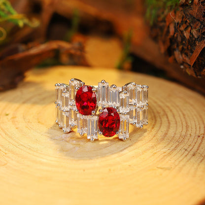 Oval Ruby Ring with Irregular Baguette CZ Accent,Sterling Silver Engagement Ring,Unique Baguette Band, Red Gemstone Ring Gift for Her