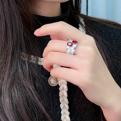 Oval Ruby Ring with Irregular Baguette CZ Accent,Sterling Silver Engagement Ring,Unique Baguette Band, Red Gemstone Ring Gift for Her
