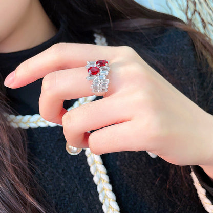 Oval Ruby Ring with Irregular Baguette CZ Accent,Sterling Silver Engagement Ring,Unique Baguette Band, Red Gemstone Ring Gift for Her