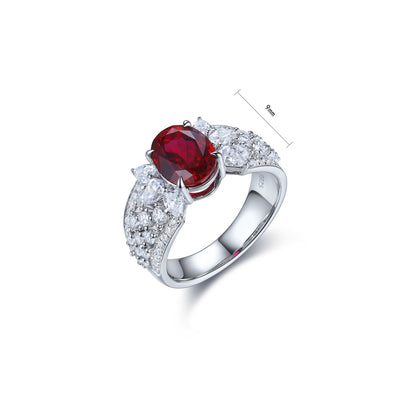 Oval Ruby Ring with Thick CZ Band, Unique Sterling Silver Engagement Ring, Red Gemstone Statement Ring, July Birthstone Gift for Her