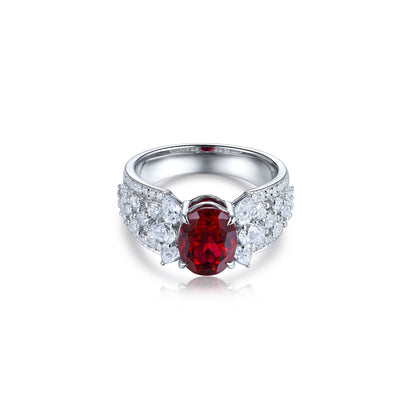 Oval Ruby Ring with Thick CZ Band, Unique Sterling Silver Engagement Ring, Red Gemstone Statement Ring, July Birthstone Gift for Her