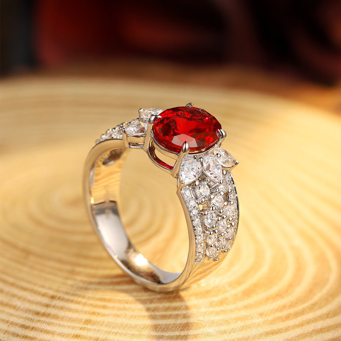 oval ruby ring with thick cz band, unique sterling silver engagement ring, red gemstone statement ring, july birthstone gift for her
