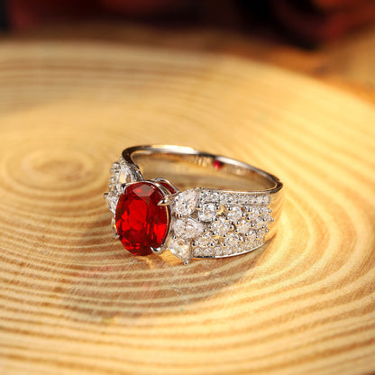 Oval Ruby Ring with Thick CZ Band, Unique Sterling Silver Engagement Ring, Red Gemstone Statement Ring, July Birthstone Gift for Her