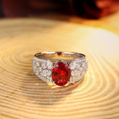 Oval Ruby Ring with Thick CZ Band, Unique Sterling Silver Engagement Ring, Red Gemstone Statement Ring, July Birthstone Gift for Her