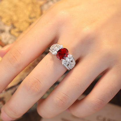 Oval Ruby Ring with Thick CZ Band, Unique Sterling Silver Engagement Ring, Red Gemstone Statement Ring, July Birthstone Gift for Her