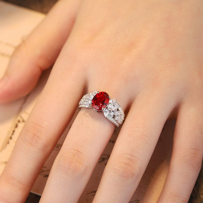 Oval Ruby Ring with Thick CZ Band, Unique Sterling Silver Engagement Ring, Red Gemstone Statement Ring, July Birthstone Gift for Her