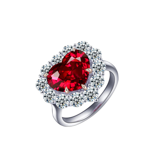 Halo Heart Ring,Ruby Heart Ring,July Birthstone Silver Ring,Gemstone Ruby Ring S925 Sterling Silver,Statement Heart Cocktail Ring