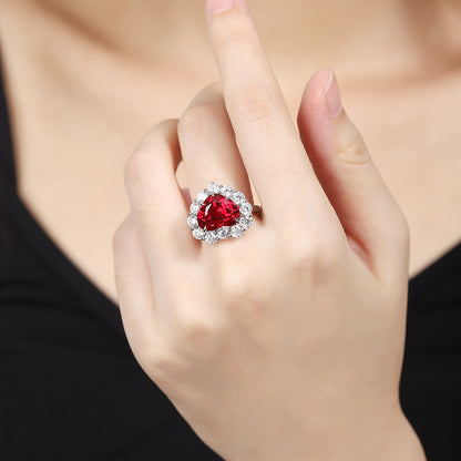 Halo Heart Ring,Ruby Heart Ring,July Birthstone Silver Ring,Gemstone Ruby Ring S925 Sterling Silver,Statement Heart Cocktail Ring
