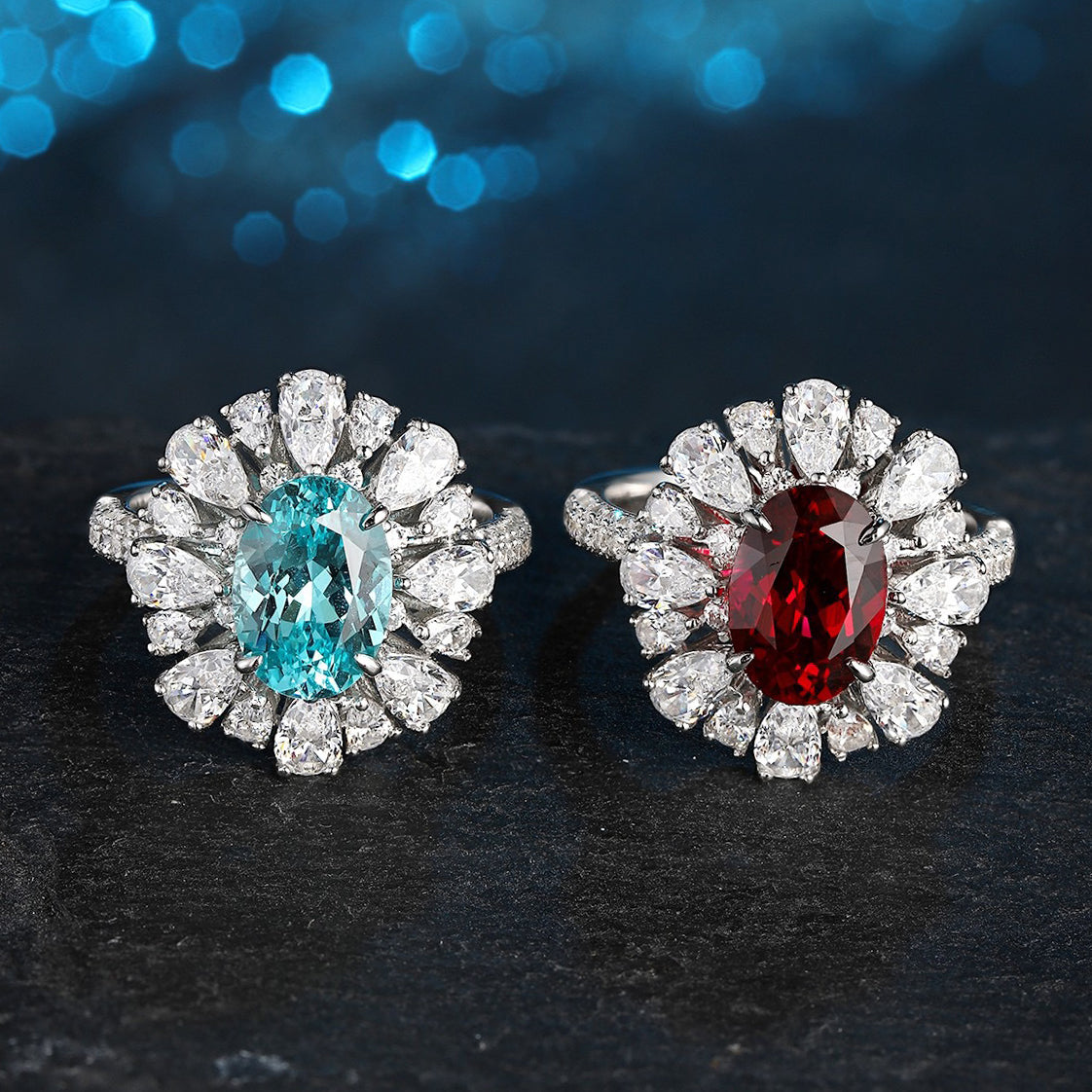 s925 sterling silver lab paraiba/ruby/emerald/sapphire & cz diamond ring