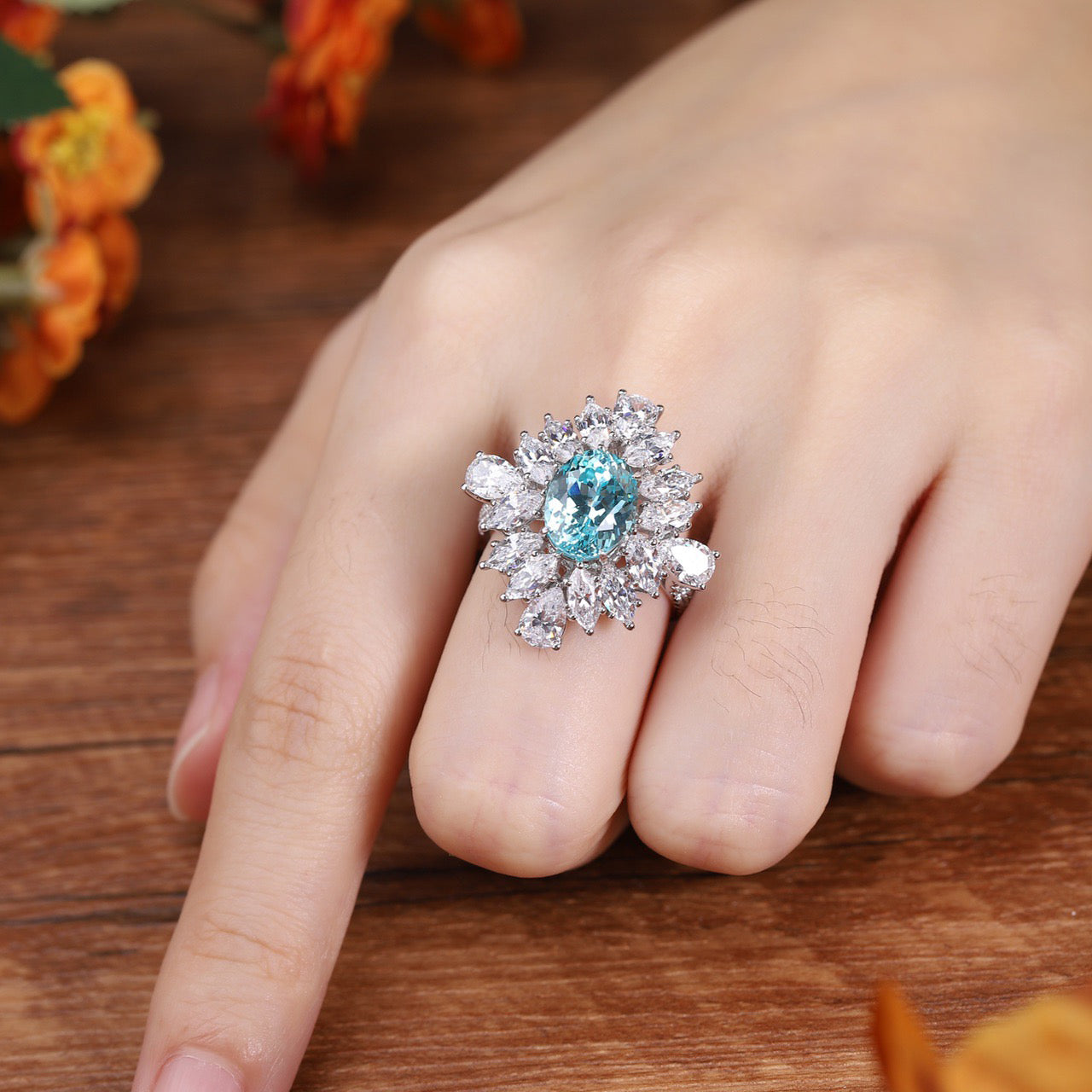 s925 sterling silver lab cobalt spinel/paraiba & cz diamond ring