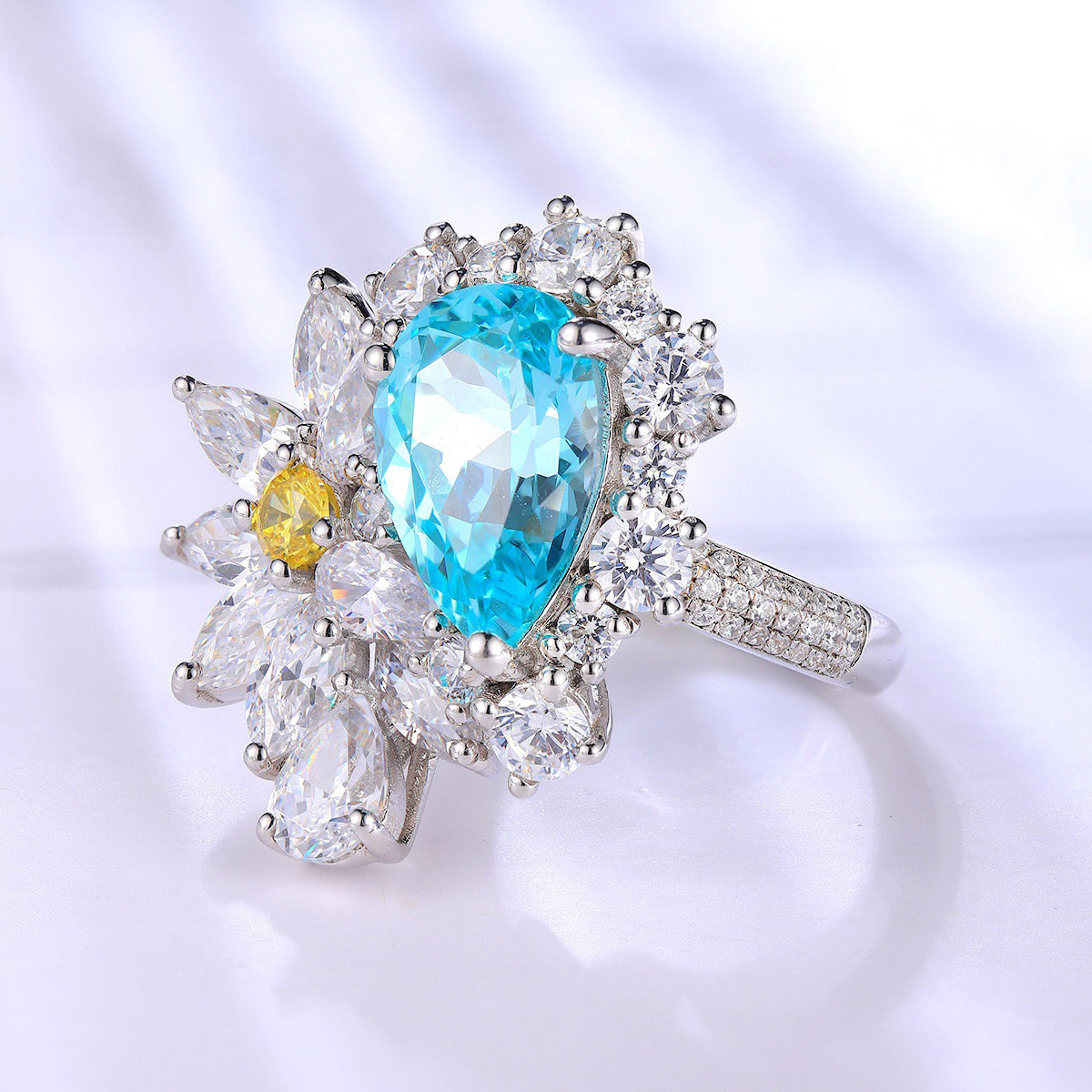 s925 sterling silver lab paraiba/ruby/emerald & cz diamond ring