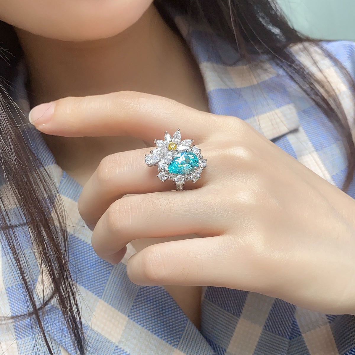 s925 sterling silver lab paraiba/ruby/emerald & cz diamond ring