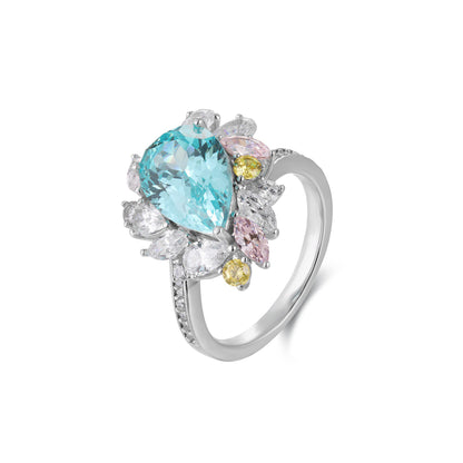 Neon Blue Paraiba Tourmaline Ring 5.35CT,Pear Cut Paraiba Engagement Ring,Sterling Silver Statement Ring,October Birthstone Gift