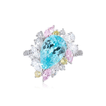 Neon Blue Paraiba Tourmaline Ring 5.35CT,Pear Cut Paraiba Engagement Ring,Sterling Silver Statement Ring,October Birthstone Gift