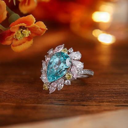 Neon Blue Paraiba Tourmaline Ring 5.35CT,Pear Cut Paraiba Engagement Ring,Sterling Silver Statement Ring,October Birthstone Gift