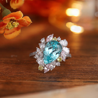 Neon Blue Paraiba Tourmaline Ring 5.35CT,Pear Cut Paraiba Engagement Ring,Sterling Silver Statement Ring,October Birthstone Gift