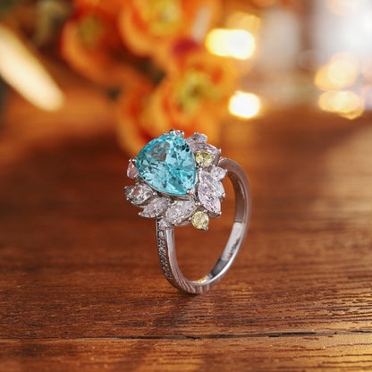 Neon Blue Paraiba Tourmaline Ring 5.35CT,Pear Cut Paraiba Engagement Ring,Sterling Silver Statement Ring,October Birthstone Gift