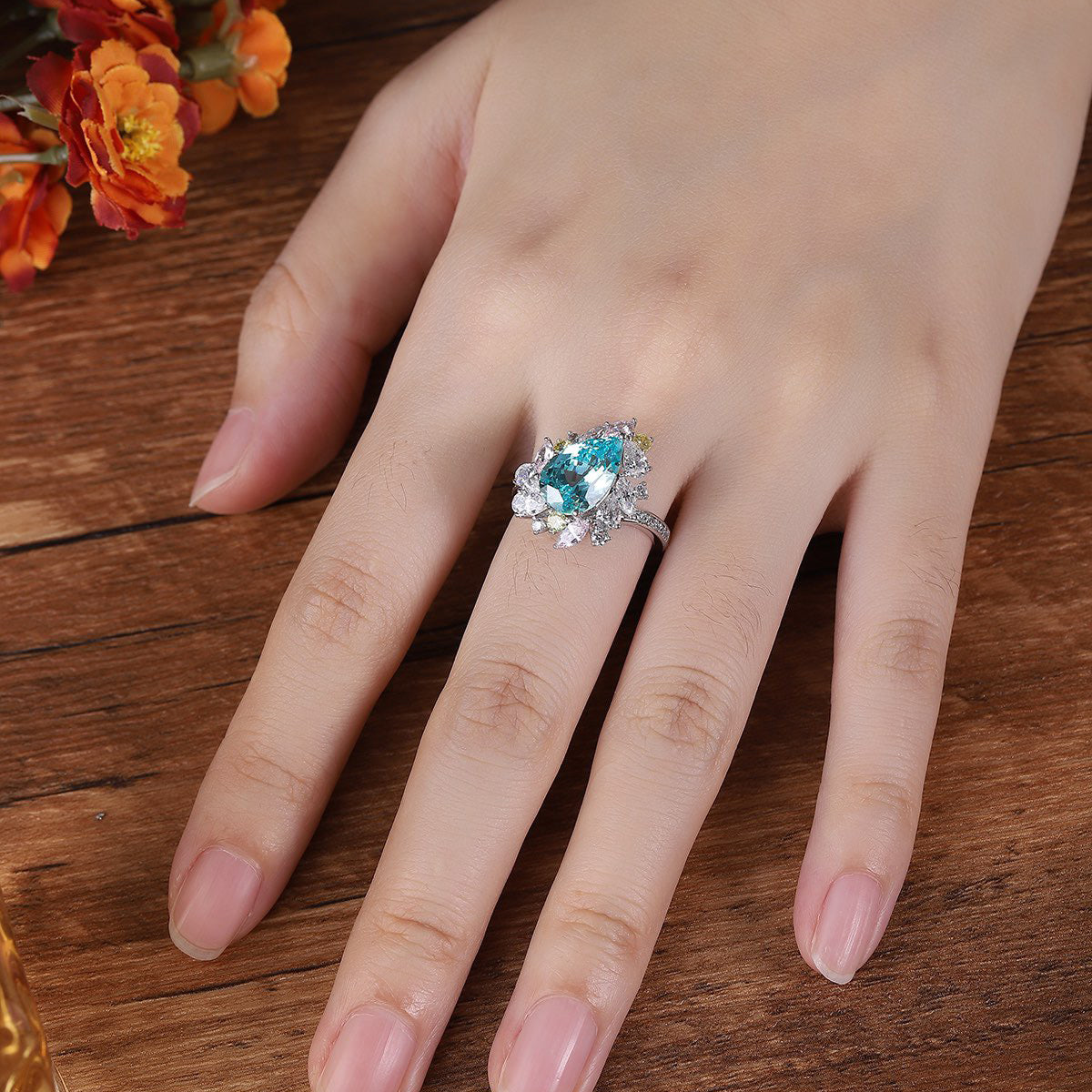 neon blue paraiba tourmaline ring 5.35ct,pear cut paraiba engagement ring,sterling silver statement ring,october birthstone gift