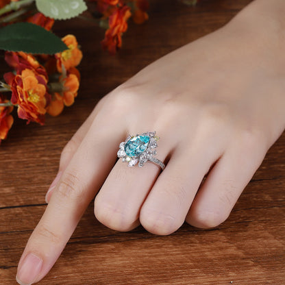 Neon Blue Paraiba Tourmaline Ring 5.35CT,Pear Cut Paraiba Engagement Ring,Sterling Silver Statement Ring,October Birthstone Gift