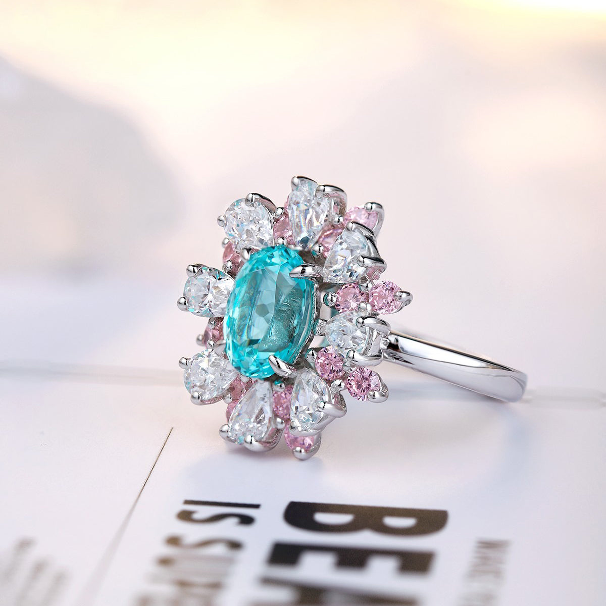 s325 sterling silver lab paraiba/cobalt spinel & cz diamond ring