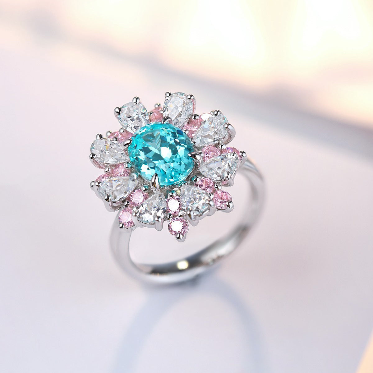 s325 sterling silver lab paraiba/cobalt spinel & cz diamond ring