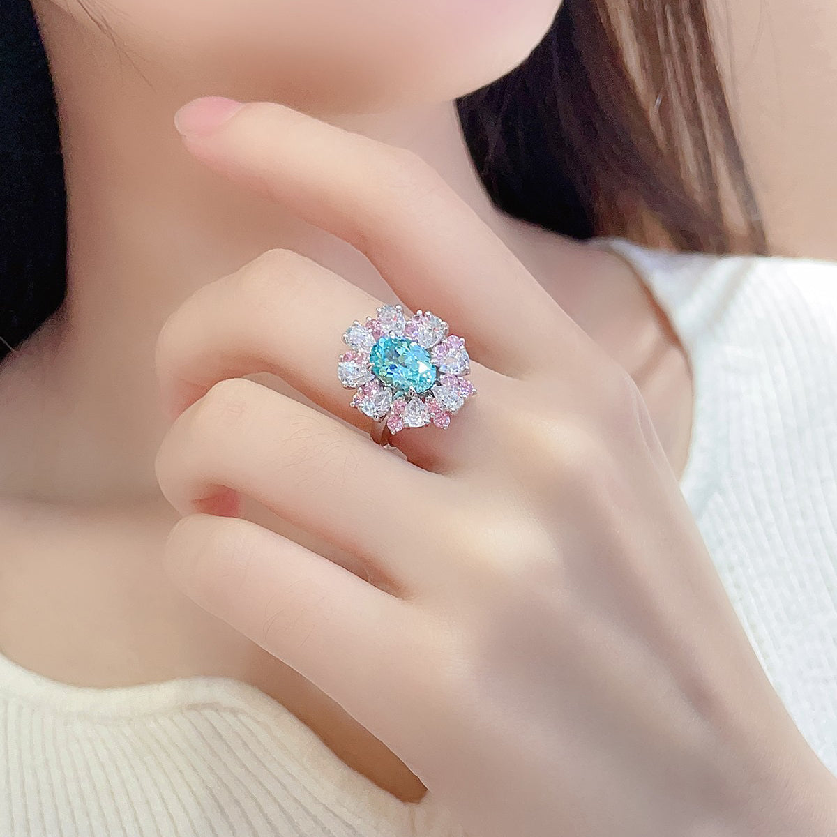 s325 sterling silver lab paraiba/cobalt spinel & cz diamond ring