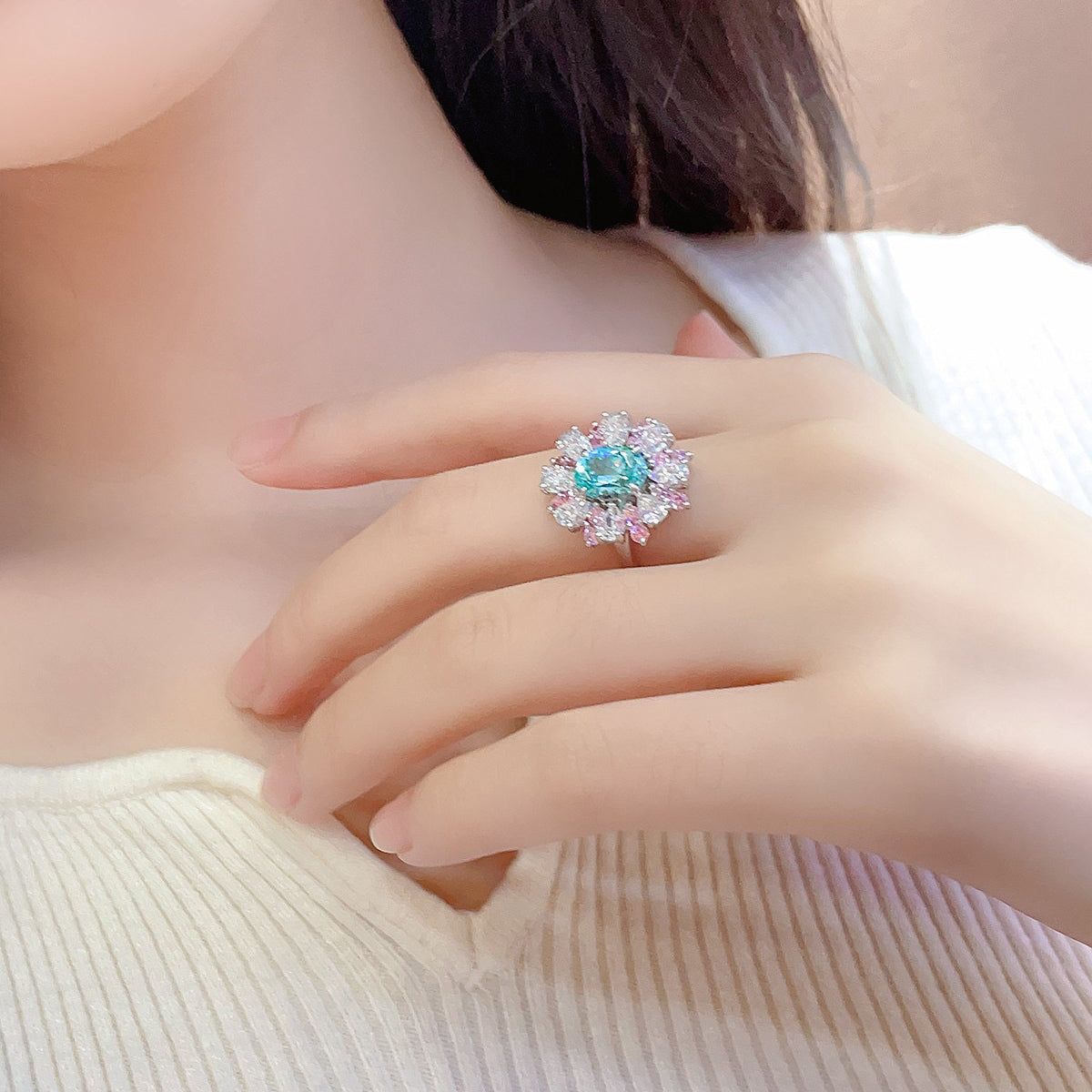s325 sterling silver lab paraiba/cobalt spinel & cz diamond ring