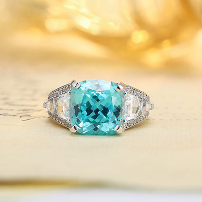 10.62 CT Paraiba Tourmaline Ring,Cushion Cut Blue Paraiba Engagement Ring,Exotic Paraiba Wedding Ring,S925 Sterling Silver Statement Ring