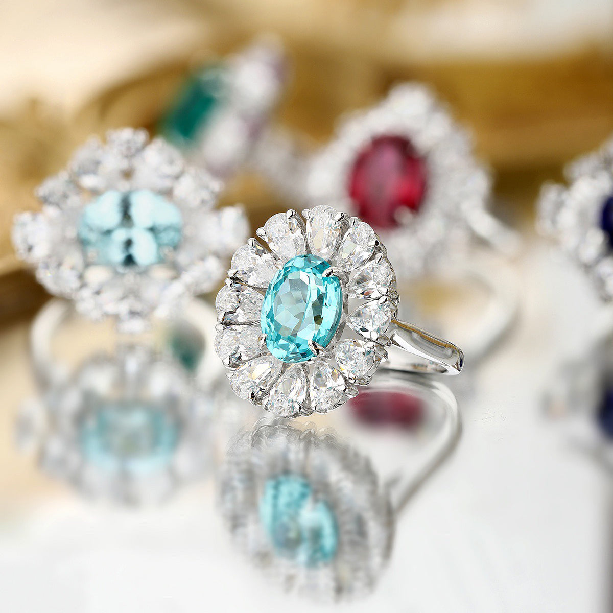 s925 sterling silver lab paraiba/ruby/sapphire/emerald & cz diamond ring